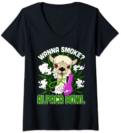Femme Bol en forme d'alpaga amusant avec inscription « Weed » T-Shirt avec Col en V