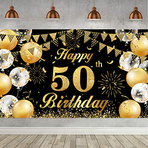 50. Geburtstag Banner Schwarz Gold, Geburtstagsbanner für Männer und Frauen, Hintergrund Banner für 50 Jahre Party Deko