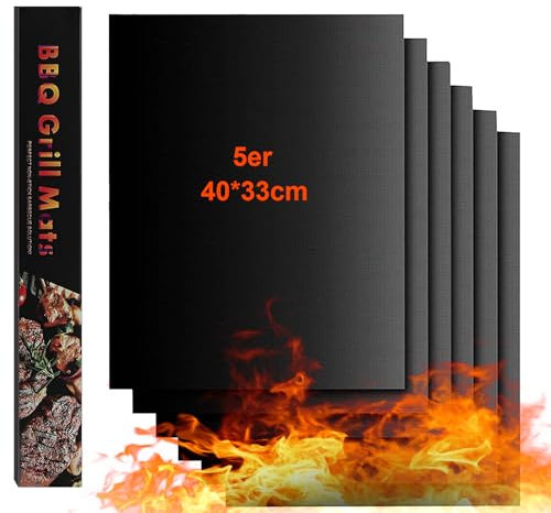 UAMLVCN Tappetino Griglia Barbecue, 5 pezzi Tappetino Barbecue, Stuoie Grigliata, BBQ Tappetini, Grill mat Riutilizzabili, stuoie da forno antiaderenti per Griglia Carbone Forno (40x33CM)