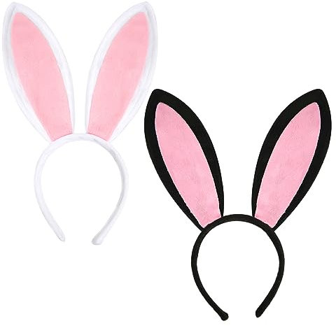 2stk Hasenohren-Stirnband, Plüschohren-Stirnband für Kinder Erwachsene Niedlich Kaninchen-Haarbänder Hasenohren-Kostüm für Halloween Ostern Cosplay Anziehparty (Weiß, Schwarz)