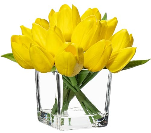 Oairse 14pcs Small Artificial Flower in Vase Real Touch Faux Tulips Flower in Cube Glass Vase with Faux Water Mini Yellow Tulip Bouquet Arrangement for Home Wedding Table Centerpiece Decor
