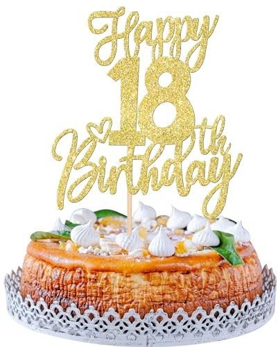 SYKYCTCY 1 Pack Happy 18th Birthday Cake Topper Gold Glitter Cheers to 18 Years Birthday Cake Pick 18 Fabulous Cake Decoration for Happy Birthday Theme Anniversary Party Supplies