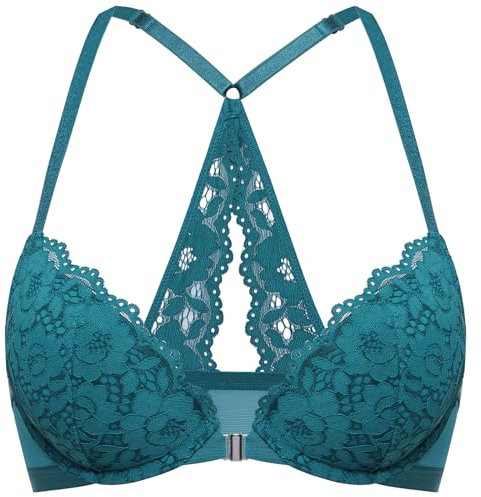 DOBREVA Women's Push Up Bra Support Racer Back Front Fastening Lace Padded Plunge Underwired Bra Borealis Green 34DD