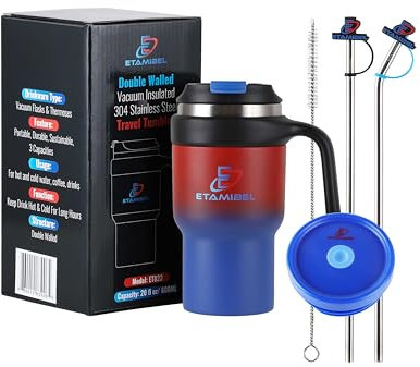 ETAMIBEL 20oz Double Wall Stainless Steel Vacuum Insulated Tumbler with Handle Straw Lid Straw Toppers Straw Brush | Thermos Flask for Water Iced Tea Coffee Smoothie and More| Portable Mug for Travel