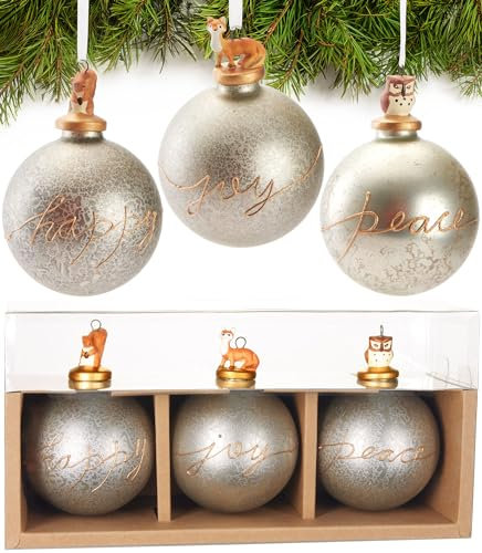 BRUBAKER 3er Set Weihnachtskugeln aus Glas - Happy Joy Peace - Premium Baumkugeln mit Tier Porzellan Figur - Moderne handbemalte Weihnachtsdekoration - 8cm Christbaumkugeln - Christbaumschmuck