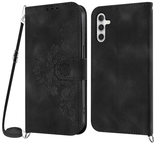 NETANY Coque pour Samsung Galaxy A15 avec Cordon, Etui pour Samsung A15 avec Cordon Collier, Etui Portefeuille Protection Housse en Cuir PU avec [Bandoulière Réglable] Lanyard Case Cover (Noir)