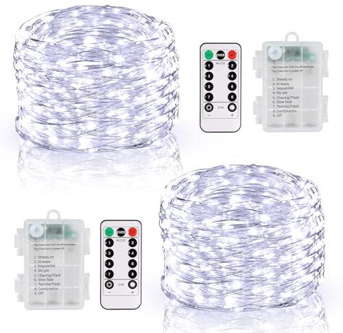 DBFAIRY 2 Pack Fairy Lights Battery Operated with Remote Control, 10M 100 LED Twinkle Lights Waterproof Silver Wire String Lights 8 Modes Dimmable for Bedroom Party Decoration (Cool White)