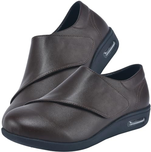 Zapatos Fascitis Plantar Zapatos pies Anchos Mujer Ancho Especial Cuero PU Zapatos sin Cordones ortopédicos diabéticos,Marrón,39 EU