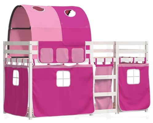 vidaXL Etagenbett, Kinderbett mit Vorhängen Leiter, Hochbett Spielbett für Kinder ab 6 Jahren, Doppel Stockbett Bett, Rosa 90x190cm Massivholz Kiefer