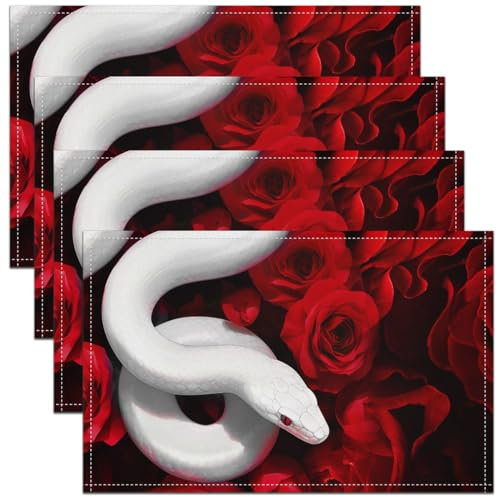 3D Weiße Schlange Tischsets Set von 4 45Bx30L,Rote Rose Platzmatten für Frauen Mädchen,S-Förmige Reptil Tier Tischmatten,Exotische Tropische Wildlife wasserdichte Tischsets