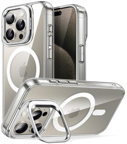 JETech Kickstand Case for iPhone 15 Pro 6.1-Inch Compatible with MagSafe Wireless Charging, Built-in Camera Ring Stand, Shockproof Phone Bumper Cover, Anti-Scratch Back (Natural Titanium)