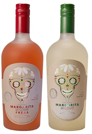 Margarita artesano Milove clasico y Milove fresa, elaborado con tequila Agave azul, zumo limón ecológico, licor triple seco y jarabe simple. Listo para tomar. Pack de 2 (limon+fresa)