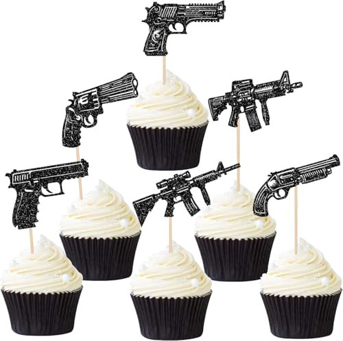 24 Stück Gewehr Tortendeko Glitzer Schwarz Pistole Pistolen Schießen Thema Cupcake Toppers Waffe Schießen Kuchen Deko für Militär Waffe Thema Baby Dusche Geburtstag Party Kuchen Dekorationen