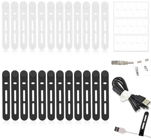 Reusable Cable Ties, 24 Pcs Adjustable Silicone Cable Ties, 30 Pcs P-Shaped Cable Label Multifunctional Cable Straps Wire Organizer for Earphone Phone Charger Audio Cable (Black&White)