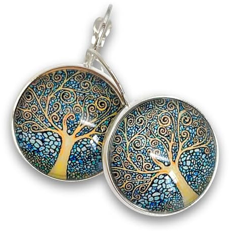 Boucles d’oreilles fantaisie en acier inoxydable, cabochon en verre, rétro, vintage, parure « l’arbre de vie », arbre, décoration, tableau, bleu, jaune (ref.59a)
