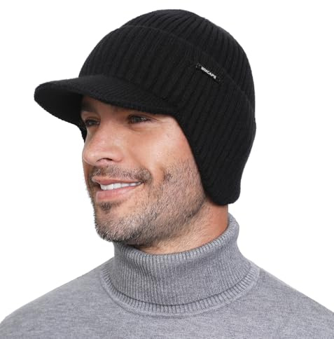 WMCAPS Winter Beanie with Brim & Ear Flaps, Fleece Lined Hat for Men Women