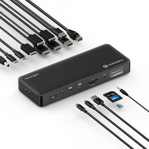 Kensington Docking station DisplayLink SD5910T Thunderbolt 4, Quad 4K per MacBook Pro/Air M1/M2/M3/M4 con chipset Pro e Max, PD da 100 W, HDMI/DP/TB4, slot per schede SD/Micro SD (K35233NA)