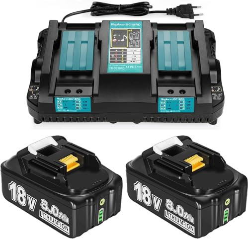 2 Stück BL1860B 8000mAh Ersatzakku für Makita Akku 18V mit DC18RD Dual Port Ladegerät Kompatibel mit Makita Akku BL1850 BL1855 BL1840 BL1830 BL1835 BL1820B Passend für Makita Ladegerät (2-8000mAh+C)