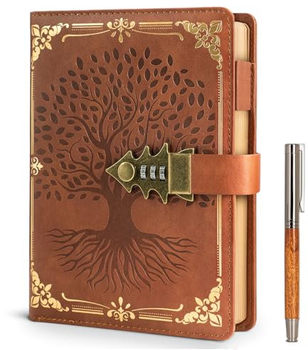 WEMATE Lock Journal with Pen & Gift Box, A5 260 Pages, Refillable, Hardcover Leather Password Notebook for Writing,Vintage Lock Diary for Women, Girls, Men, Students, 8.6 x 5.8 in Brown