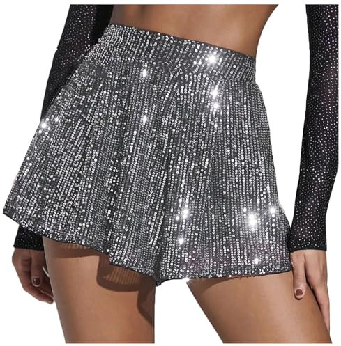 Hotpants Damen Shorts mit Pailletten Hohe Taille Glitzer Shorts Kurz Pailletten Hose Festival Outfits Sexy Glänzend Paillettenhose Kurze Hot Pants Silber Gold Freizeitshorts Sparkle Party Rave Outfit