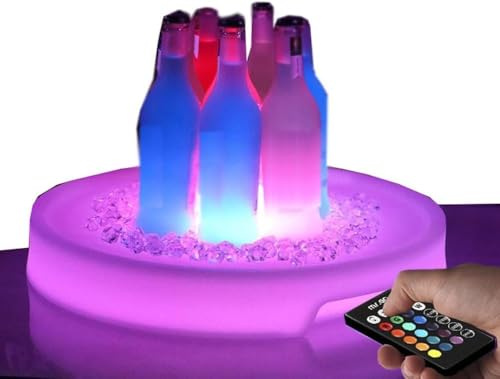 OUHKDM Plateau de Service Lumineux à LED, Plateau de collations à LED en Plastique étanche Rechargeable de Forme Ronde, télécommande, Plateau à Champagne aux Fruits