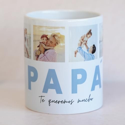 Cristal Plaque Taza de Cerámica Personalizada con 4 Fotos y Texto “Papá, Te Queremos Mucho” – Acabado Premium, Asa Ergonómica, Regalo Día del Padre, Cumpleaños y Aniversarios