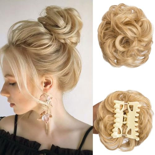 Haarklammer, unordentlicher Dutt, Haarteil, zerzauste Hochsteckfrisur, elastisches Haarband, lockiges Haar, Dutt, Haargummi für Damen, Aschblond