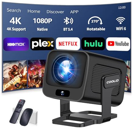[App Intégrée] Vidéoprojecteur avec WiFi 6 y BT 5.4,1080P Full HD Mini Projecteur Video, Projecteur Portable avec Autofocus et Correction Trapézoïdale Automatique,180° Rotation HDMI/TV Stick/USB Noir