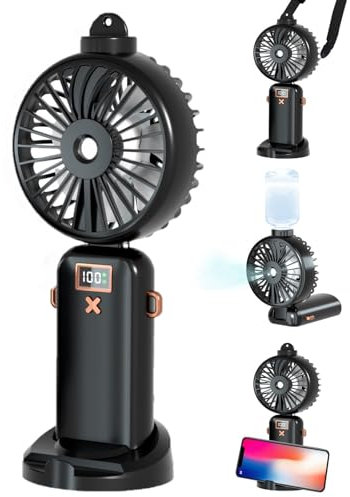 FainFun Handventilator Wasserkühlung, 5000mAh Handventilator mit Wasser USB, 5-Gang einstellbar, Taschenventilator, Faltbarer Tragbarer Mini Ventilator mit Wasser für Büro, Einkaufen, Reisen(Schwarz)