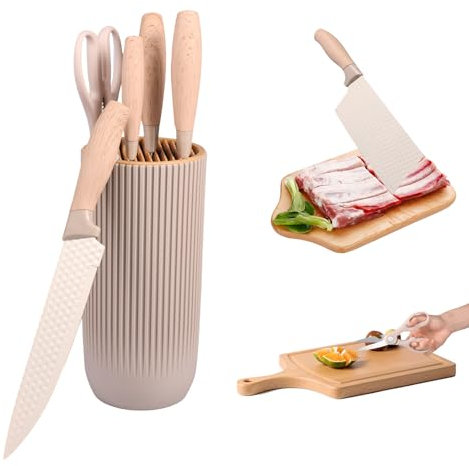 6 Pieces Kitchen Knife Set Multipurpose Stainless Steel Chef Knife Block Set with Ergonomic Handle, Professional Nonslip Cutlery Block Kit for Cutting Fruits Vegetables Fish Meat(Beige)