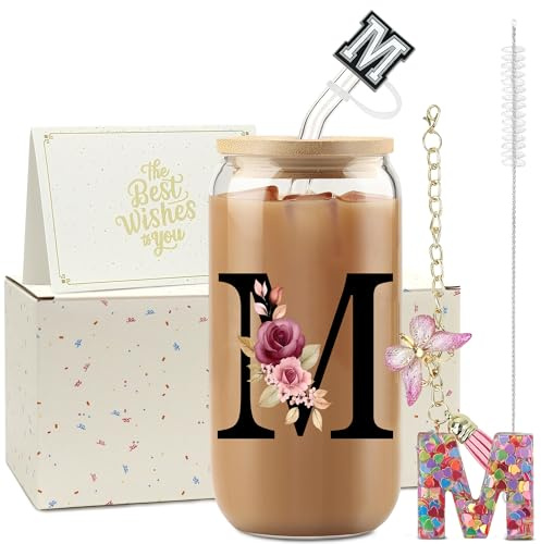 ZIOSINM A-Z Lettera Bicchiere Con Cannuccia, 500ml Tumbler con Coperchio, Regalo Donna Compleanno, Ideale Come Regalo Maestre Fine Anno (M)
