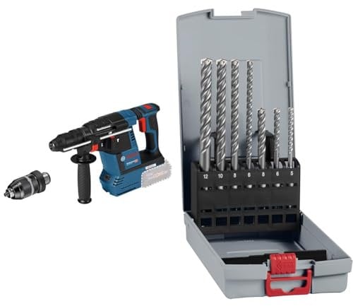 Bosch Professional 18V System Cordless Rotary Hammer GBH 18V-26 F (SDS plus, without battery/charger) + 7X PRO SDS plus-5X Hammer Drill Bit Set (for Concrete, Lime and Sand Bricks, Ø 5-12 mm)