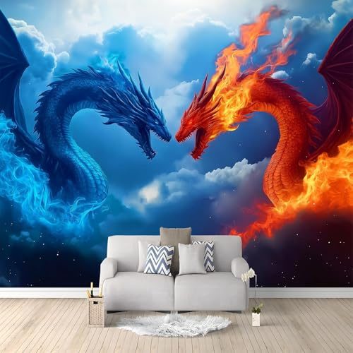 Papier Peint Panoramique 3D, Intissé Photo Mural Fantaisie dragon bleu feu style anime Poster pour Salon Chambre Mur de fond Chambre des Enfants Bureau multicolore Décoration de Maison 200 x 140 CM