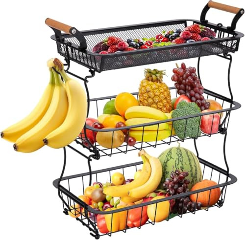 Trintion Obstkorb mit 3 Etagen & 2 Bananenhaltern - Großer Metall-Gemüsekorb für Küche, Theke & Speisekammer - Obstständer für Äpfel, Bananen, Zwiebeln & Snacks