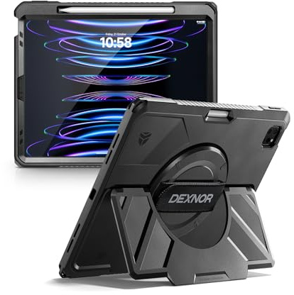 Dexnor Case für iPad Pro 12,9 Zoll, Robuste Schutzhülle mit 360 ° drehendem Handgurt und stabilem Ständer & Bildschirmschutz & Bleistifthalter Stoßfeste Vollkörper Stoßfänger Abdeckung, Schwarz