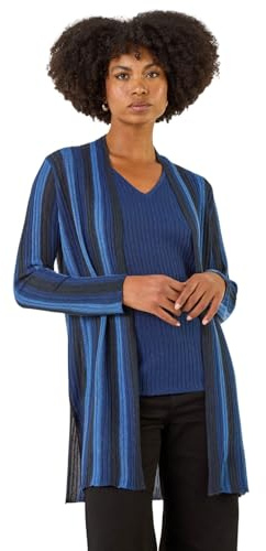 Roman Originals Stripe Ribbed Knit Cardigan for Women UK - Ladies Everyday Autumn Winter Comfy Soft Evening Vacation Work Party Night Out