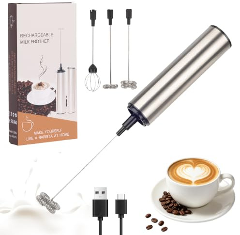 Milchaufschäumer Stab - Elektrischer Schneebesen, USB 800mah, 3 Aufsätzen 2 Geschwindigkeiten, Milchschäumer Elektrisch Aufladbar, Milk frother, Milchaufschäumer Elektrisch Stab, Silber