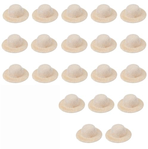 NICENEEDED 20 PCS Mini Straw Hat for Crafts, 5.8 cm Small Hand Knitting Woven Hat Tiny Decor Caps for Jewelry Accessories, Miniature Dollhouse Western Burlap Scarecrow Hats for Floral Arranging