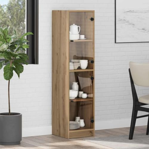 Bucmath Highboard Artisan-Eiche, 35x37x142 cm Holzwerkstoff Hochschrank mit Glastüren, Küchenschrank für Esszimmer, Wohnzimmer, Buffet Schrank mit Stauraum