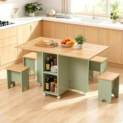 Warmiehomy Foldable Dining Table and Chairs Set 4, Natural & Green | Drop Leaf Space Saving Table and Chairs, Folding Dining Room Table with Storage Shelf and 4 Chairs for Kitchen, Living Room