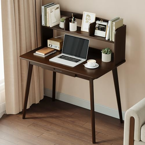 IOTXY 100 cm Holz Schreibtisch mit Aufsatz – Walnuss Modern Arbeitstisch | mit Schublade, für Arbeitszimmer, Schlafzimmer, Wohnzimmer, Moderner Computertisch