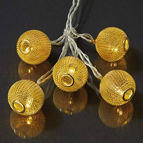 hellum LED Lichterkette mit goldenen Metallbällen, 10-tlg. mit 10 LED, warmweiß, batteriebetrieben (2x AA, nicht enthalten), innen IP20, beleuchtete Länge 1,35m, Kabel transparent, 520767