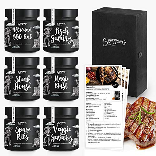Senger's Premium Grillgewürz Set – hochwertige BBQ Grill Gewürze für Fisch, Fleisch und Gemüse – das Geschenk für alle Männer - Steak, Gemüse, Fisch, Magic Dust, Spareribs, Allround BBq Rub je 50g