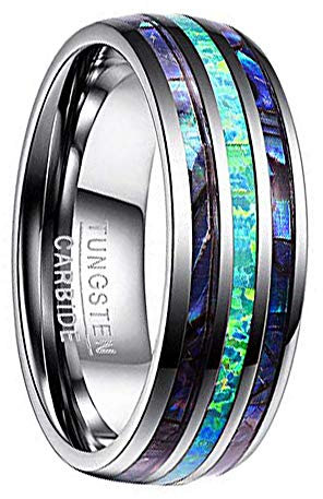 Vakki Modeschmuck Wolfram Ring für Herren Damen 8mm Abalone Muschel und Opal Versprich Freundschaft Verlobungsring Hochglanzpoliert Größe 50