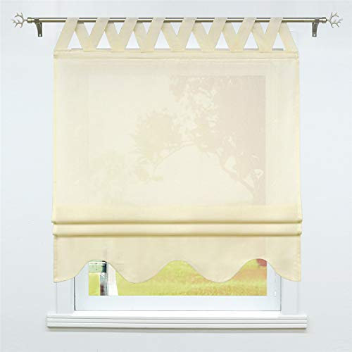 SCHOAL Raffrollo mit Schlaufen Halbtransparente Raffgardine Landhaus Schlaufenrollo Gardinen Leinen mit gebogten Abschluss 1 Stück BxH 140x140cm Beige