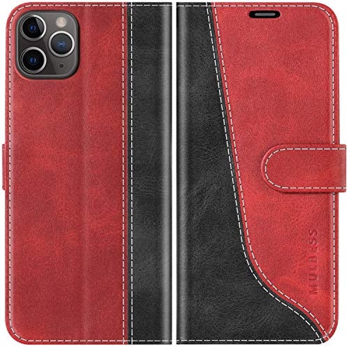 Mulbess für iPhone 11 Pro Max Hülle, Handyülle Leder mit Kartenfach, Klapphülle mit Magnetverschluss, Flip Case Etui Handytasche Schutzhülle, Stilvoll Wein Rot
