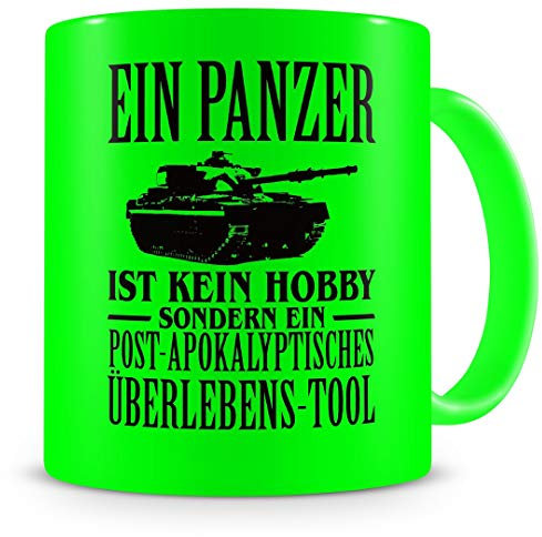 Samunshi® Panzer Tasse mit Spruch Hobby Geschenk für Mann Frau Oma oder Opa Kaffeetasse groß Lustige Tassen zum Geburtstag neon grün 300ml