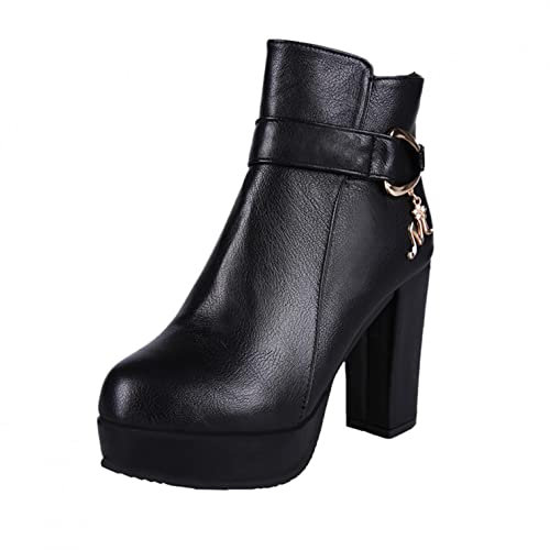 Stivali da Donna in Pelle Punta Tonda Tacco Spesso Scarpe Cerniera Cucitura Serpente Caviglia (41,Nero)
