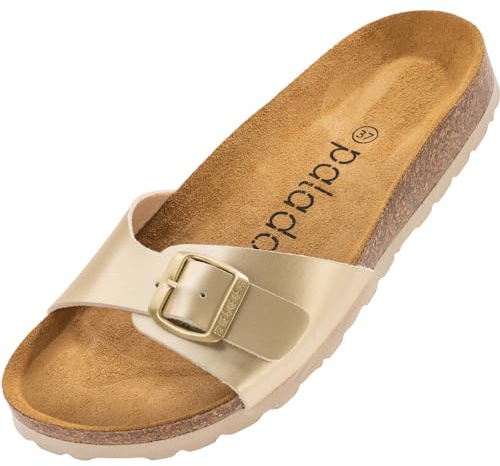 Palado Damen Pantoletten Malta Arizona – Sandalen Made in Spain - bequeme Hausschuhe mit Kork-Fußbett - modische Sommerschuhe Gold UK3,5 - EU36