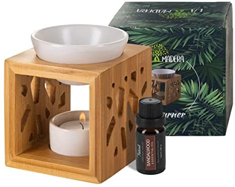 La Madera Bamboo Wooden Oil Burner Wax Melt Burner Oil Diffuser with Ceramic Candle Holder and 10 ml Bottle of 100% Pure Sandalwood Oil (White)